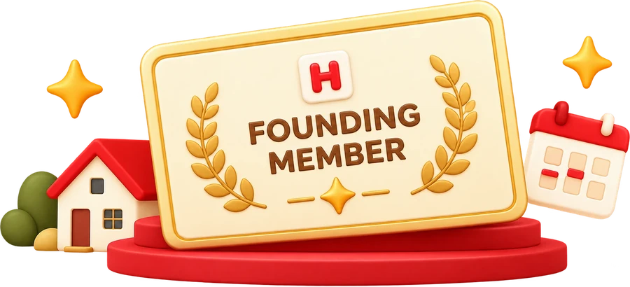 บัตร Founding Member สีครีมขอบทอง วางบนแท่นสีแดง ข้างๆ มีบ้านและปฏิทิน